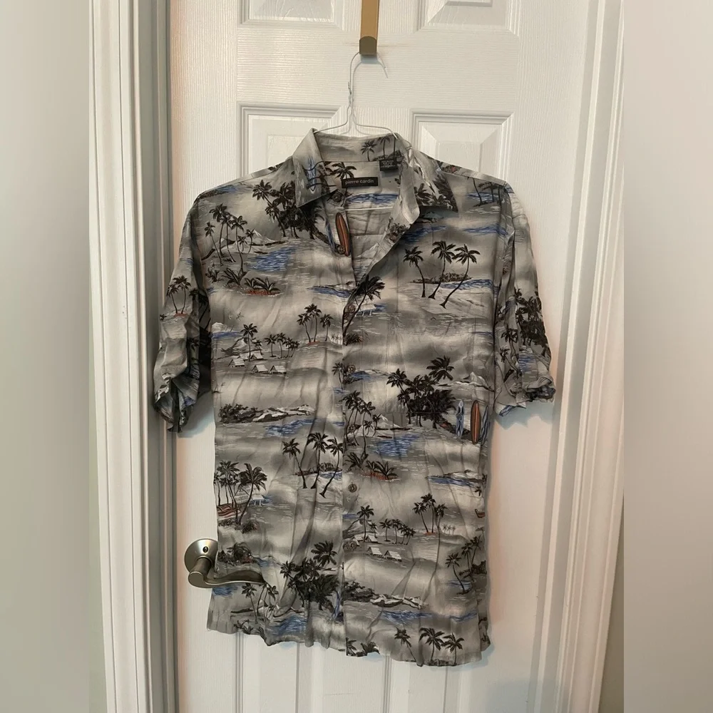 Pierre Cardin Black and Gray Palm Hawaiian Print Shirt - Picture 1 of 3